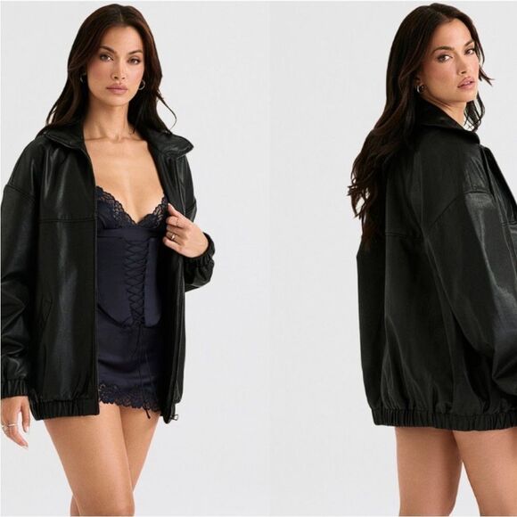 HOUSE OF CB 'Larissa' Black Vegan Leather Oversized Bomber Jacket NWOT - Picture 3 of 9